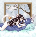  antlers bed bell blue blush brown_eyes cat cervine cuddle dark_hair deer feline female fio green_eyes horns looking_at_each_other male pillow romantic straight tree window 