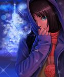  7/11_(fukuso) akiyama_mio alternate_costume blue_eyes blurry brown_hair depth_of_field highres hood hooded_jacket jacket k-on! lips open_clothes open_jacket scarf solo sparkle 