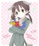  2girls animal_ears bad_id bad_pixiv_id brown_eyes brown_hair character_name daffodil daisy english flower gertrud_barkhorn happy_birthday heart kiss lily_of_the_valley military military_uniform miyafuji_yoshika multiple_girls outline outside_border plaid plaid_background red_flower red_rose rose strike_witches tail tamaki_(209) twintails uniform world_witches_series 