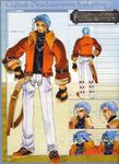  bangs belt blue_hair coat dual_persona from_behind frown full_body gloves hand_on_hip janus_cascade jewelry light_blue_hair male_focus necklace official_art ooba_wakako pants scan shirt shoes smile spiked_hair spoilers wild_arms wild_arms_3 