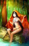  bamboo bamboo_forest bandages bangs bare_legs bare_shoulders barefoot black_hair breasts copyright_request forest highres long_hair long_legs looking_at_viewer narongchai_singhapand nature navel red_eyes rock sitting small_breasts smile soaking_feet solo very_long_hair water 