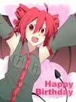 ahoge armpits arms_up bat_wings birthday birthday_cake cake candle demon_tail detached_sleeves drill_hair food happy_birthday kasane_teto neko_meshi open_mouth red_eyes red_hair solo tail utau wings 