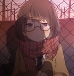  bad_id bad_pixiv_id blue_eyes blush brown_eyes brown_hair cardigan face glasses necktie original plaid plaid_scarf pun2 scarf school_uniform shadow short_hair solo upper_body 