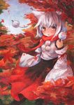  acrylic_paint_(medium) animal_ears bad_id bad_pixiv_id bare_shoulders detached_sleeves fang hat highres inubashiri_momiji isegawa_yasutaka leaf open_mouth red_eyes scarf silver_hair smile solo tokin_hat touhou traditional_media tree wind wolf_ears 