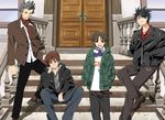  black_hair brown_hair door grey_hair inohara_masato jacket k3_(dolphin_brain) little_busters! male_focus miyazawa_kengo multiple_boys naoe_riki natsume_kyousuke scarf short_hair spiked_hair stairs 