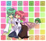  3girls animal_ears antennae bad_id bad_pixiv_id blue_eyes breasts chin_rest claws cleavage fingernails green_hair hug hug_from_behind kazami_yuuka long_fingernails medium_breasts multiple_girls mystia_lorelei pink_hair red_eyes shaded_face short_hair smile smirk taiyouno_hatake touhou wing_ears wings wriggle_nightbug 