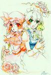  :o flower hands_together hat ibuki_hasu izayoi_sakuya maid_headdress multiple_girls pink_flower pink_rose remilia_scarlet rose short_hair touhou traditional_media watercolor_(medium) 