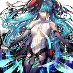  bare_shoulders blue_eyes blue_hair elbow_gloves gloves hatsune_miku hatsune_miku_(append) highres long_hair nail_polish navel science_fiction solo twintails very_long_hair vocaloid vocaloid_append yutif 