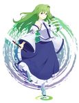  floating gohei green_eyes green_hair highres kawashina_(momen_silicon) kochiya_sanae long_hair md5_mismatch simple_background solo touhou 