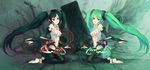  bare_shoulders barefoot black_hair black_legwear dual_persona elbow_gloves gloves green_eyes green_hair hair_ornament hatsune_miku hatsune_miku_(append) highres long_hair microphone multiple_girls nemo_(leafnight) red_eyes symmetry thighhighs twintails very_long_hair vocaloid vocaloid_append zatsune_miku 