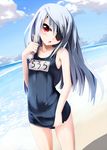  eyepatch flat_chest grune highres infinite_stratos laura_bodewig long_hair name_tag one-piece_swimsuit red_eyes school_swimsuit silver_hair solo swimsuit 