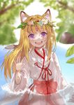  :d animal_ears bad_id bad_pixiv_id blonde_hair facial_mark flower forehead_mark fox_ears harunoibuki head_wreath japanese_clothes long_hair miko open_mouth original purple_eyes smile solo tattoo tears tree_shade wading water waving wreath 