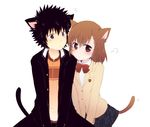  1girl :&lt; animal_ears bad_id bad_pixiv_id black_eyes black_hair blazer blush bow brown_eyes brown_hair cat_ears cat_tail gakuran jacket kamijou_touma kemonomimi_mode misaka_mikoto nae_(rno) school_uniform short_hair skirt spiked_hair tail to_aru_majutsu_no_index 