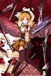  arms_up asymmetrical_clothes bad_id bad_pixiv_id beret blonde_hair boots brick_wall brown_legwear cake detached_sleeves drill_hair dual_persona fingerless_gloves food gloves gun hair_ornament hairpin hat highres magical_girl magical_musket mahou_shoujo_madoka_magica makino_(ukiuo) plaid plaid_skirt pleated_skirt puffy_sleeves ribbon rifle school_uniform skirt smile striped striped_legwear thighhighs tomoe_mami torn_clothes twin_drills twintails vertical-striped_legwear vertical_stripes weapon yellow_eyes zettai_ryouiki 