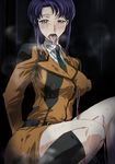  1girl arms_behind_back blue_eyes blush breasts breath cecile_croomy code_geass discreet_vibrator female heavy_breathing horny hyottokoaki kneehighs large_breasts legs long_hair looking_at_viewer military military_uniform necktie odor open_mouth purple_hair saliva sitting smell snot solo stain stink sweat thighs tongue tongue_out uniform vibrator 