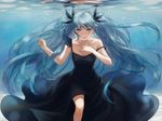  aqua_eyes black_dress blue_eyes blue_hair bubble dress esukee face hand_on_own_chest hands hatsune_miku lips long_hair shinkai_shoujo_(vocaloid) solo strap_slip twintails underwater very_long_hair vocaloid 