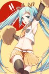  1girl 85 :o alternate_color aqua_eyes aqua_hair armpits arms_up cheerleader detached_sleeves hair_ornament hairclip hatsune_miku highres long_hair looking_at_viewer midriff navel necktie pom_poms shoes simple_background skirt solo thighhighs twintails very_long_hair vocaloid zettai_ryouiki 