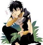  black_hair hand_on_own_face head_rest jewelry judal long_hair magi_the_labyrinth_of_magic male_focus midriff neck_ring red_eyes sitting smirk solo very_long_hair vox 