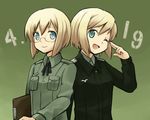  :d blonde_hair blue_eyes erica_hartmann glasses kinosaki_(green_patio) military military_uniform multiple_girls one_eye_closed open_mouth salute short_hair siblings simple_background sisters smile strike_witches two-finger_salute uniform upper_body ursula_hartmann world_witches_series 