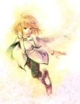  ahoge blonde_hair blue_eyes boots bracelet cape full_body jewelry male_focus mio_(yumehikou) mithos_yggdrasill pants smile solo sparkle tales_of_(series) tales_of_symphonia 