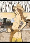  373 ass bikini bikini_top blush breasts brown_hair chaps cowboy_hat cowgirl english female gun hand_on_hip hat highres hips long_hair looking_back original panties purple_eyes sky smile solo swimsuit thighhighs thong train underwear wanted_poster weapon western 