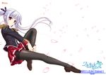  copyright_name epaulettes hair_ribbon komori_kei leg_hug leg_up legs lisa_eostre long_legs official_art pantyhose petals red_eyes ribbon school_uniform silver_hair solo thighband_pantyhose thighs twintails walkure_romanze wallpaper 