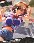  absurdres against_glass blush bow bowtie braid breast_press breasts breasts_on_glass brown_hair car car_wash copyright_request green_eyes ground_vehicle highres large_breasts midriff misakura_nankotsu motor_vehicle one_eye_closed short_hair solo 