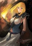  armor blonde_hair copyright_request fire gauntlets green_eyes knife lokman_lam magic navel pauldrons solo 