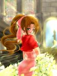  aerith_gainsborough bracelet brown_hair cropped_jacket dress final_fantasy final_fantasy_vii final_fantasy_vii_advent_children flower green_eyes hair_ribbon highres jewelry kaito_azuma long_dress long_hair md5_mismatch pink_dress ponytail ribbon solo stained_glass 