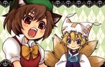  :&gt; animal_ears argyle argyle_background bad_id bad_pixiv_id blonde_hair blue_eyes brown_hair cat_ears chen fangs fox_tail hands_in_opposite_sleeves hat lace_border multiple_girls multiple_tails open_mouth red_eyes sasara_housara short_hair tail touhou upper_body yakumo_ran 