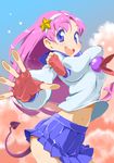  :d asamiya_athena demon_tail fingerless_gloves gloves hair_ornament highres midriff navel nonco open_hand open_mouth outstretched_hand pink_hair pleated_skirt purple_eyes school_uniform serafuku skirt smile solo star star_hair_ornament tail the_king_of_fighters 