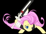  4:3 black_background blue_eyes clothing crona equine female feral fluttershy_(mlp) friendship_is_magic fur hair horse mammal mouth my_little_pony naur parody pink_hair plain_background pony ragnarok ragnarok_(soul_eater) scroll soul_eater sword wallpaper weapon yellow_fur 