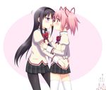  akemi_homura black_hair black_hairband black_legwear blush food hairband kaname_madoka kyubey long_hair mahou_shoujo_madoka_magica mitakihara_school_uniform multiple_girls pantyhose pink_eyes pink_hair pocky pocky_kiss school_uniform shared_food short_hair short_twintails twintails usashiro_mani yuri 