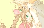  1girl aerith_gainsborough bad_id bad_pixiv_id blonde_hair bow braid brown_hair choker cloud_strife cropped_jacket earrings final_fantasy final_fantasy_vii green_eyes hair_ribbon jewelry long_hair momen102 pink_bow ponytail ribbon simple_background single_braid turtleneck 