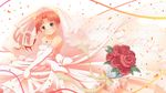 bare_shoulders bouquet bridal_veil confetti dress earrings elbow_gloves flower fractale gloves green_eyes highres jewelry necklace nessa nukunuku_(hinataboltuko) red_flower red_hair red_rose ribbon rose short_hair solo veil wedding_dress 