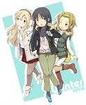  akiyama_mio bad_id bad_pixiv_id black_eyes black_hair blonde_hair blue_eyes boots brown_eyes brown_hair digital_media_player earmuffs earphones fashion ipod itoichi. jacket k-on! kotobuki_tsumugi long_hair multiple_girls pantyhose short_hair single_earphone_removed tainaka_ritsu vest winter_clothes 