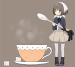  blue_eyes blush boots brown_hair cha_(cha0-0) cup dress female full_body minigirl original pantyhose short_hair simple_background solo spoon steam 