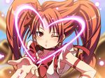  ;o armband blown_kiss blush bow brooch choker cure_rouge earrings flat_chest fusion glowing hair_ornament heart incoming_kiss jewelry long_hair looking_at_viewer magical_girl natsuki_rin one_eye_closed parody precure red_eyes red_hair ribbon sleeveless solo suite_precure tasaka_shinnosuke twintails upper_body yes!_precure_5 