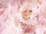  8981 bad_id bad_pixiv_id dress eyepatch flower flower_eyepatch frills kirakishou long_hair pink_flower pink_hair pink_rose realistic rose rozen_maiden solo yellow_eyes 