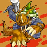  claws digimon digimon_adventure gel_shu hammer injury kneeling muscle no_humans one_eye_closed sharp_teeth shell solo sparkle tail teeth tusks wind zudomon 