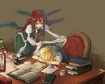  alternate_wings bad_id bad_pixiv_id blanket blonde_hair book bow braid candle chair covering_with_blanket cup desk feathers hair_bow head_wings kirisame_marisa koakuma leaning_forward long_hair matsutani mug multiple_girls necktie no_hat no_headwear paper quill red red_eyes red_hair sleeping table touhou vest wings 