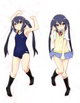  armpits black_hair brown_eyes dakimakura k-on! kneehighs long_hair lying multiple_views nakano_azusa one-piece_swimsuit paw_pose school_swimsuit school_uniform swimsuit twintails yokoshima_(euphoria) 