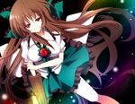  arm_cannon bow brown_hair green_bow hair_bow highres long_hair red_eyes reiuji_utsuho smile solo stigma1101 third_eye touhou very_long_hair weapon 