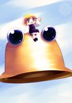  absurdres blonde_hair blue_eyes chibi flying hat hat_removed headwear_removed highres moriya_suwako open_mouth pointing pyonta role_reversal sitting sitting_on_object solo touhou yume_shokunin 