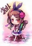  2011 :&lt; brown_hair bunny chair checkered checkered_floor chibi full_body idolmaster idolmaster_(classic) jitome long_hair minase_iori new_year pos red_eyes side_ponytail sitting solo 