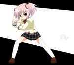  clenched_hands henshin kamen_rider kamen_rider_black kamen_rider_black_(series) kaname_madoka mahou_shoujo_madoka_magica mitakihara_school_uniform parody pose sayurishu school_uniform short_twintails solo thighhighs twintails 