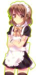  1boy black_legwear black_thighhighs blush brown_eyes brown_hair crossdress crossdressing crossed_arms dress frown kawano_(sata) maid maid_headdress male male_focus original ribbon short_hair solo thighhighs trap tsundere 