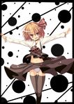  ascot black_legwear blonde_hair gamuo hair_ribbon midriff navel outstretched_arms panties pantyshot red_eyes ribbon rumia short_hair simple_background skirt skirt_set smile solo spread_arms striped striped_panties thighhighs touhou underwear 