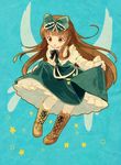  boots bow brown_eyes brown_hair chaba_(hortensia) cross-laced_footwear dress dress_lift green_dress hair_bow lace-up_boots open_mouth solo star star_sapphire touhou upskirt wings 