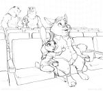  2018 barefoot canid canine clothed clothing disney felid female food fox fur gideon_grey hair hi_res judy_hopps lagomorph male mammal monochrome nick_wilde open_mouth pantherine popcorn rabbit sitting size_difference sketch slightly_chubby theater zaush zootopia 
